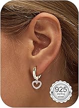 Chriscoco Heart Earring Pendant 925 Silver for Women Girls Heart Hoop Earrings Pendant Hypoallergenic Earring Silver 925 Hoop Earrings Small Earrings Hanging with Heart for Children