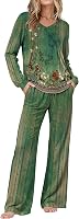Ekouaer Women's Long Sleeve V-Neck Pajama Set - 2 Piece Soft Printed Lounge Sleepwear for Fall Winter