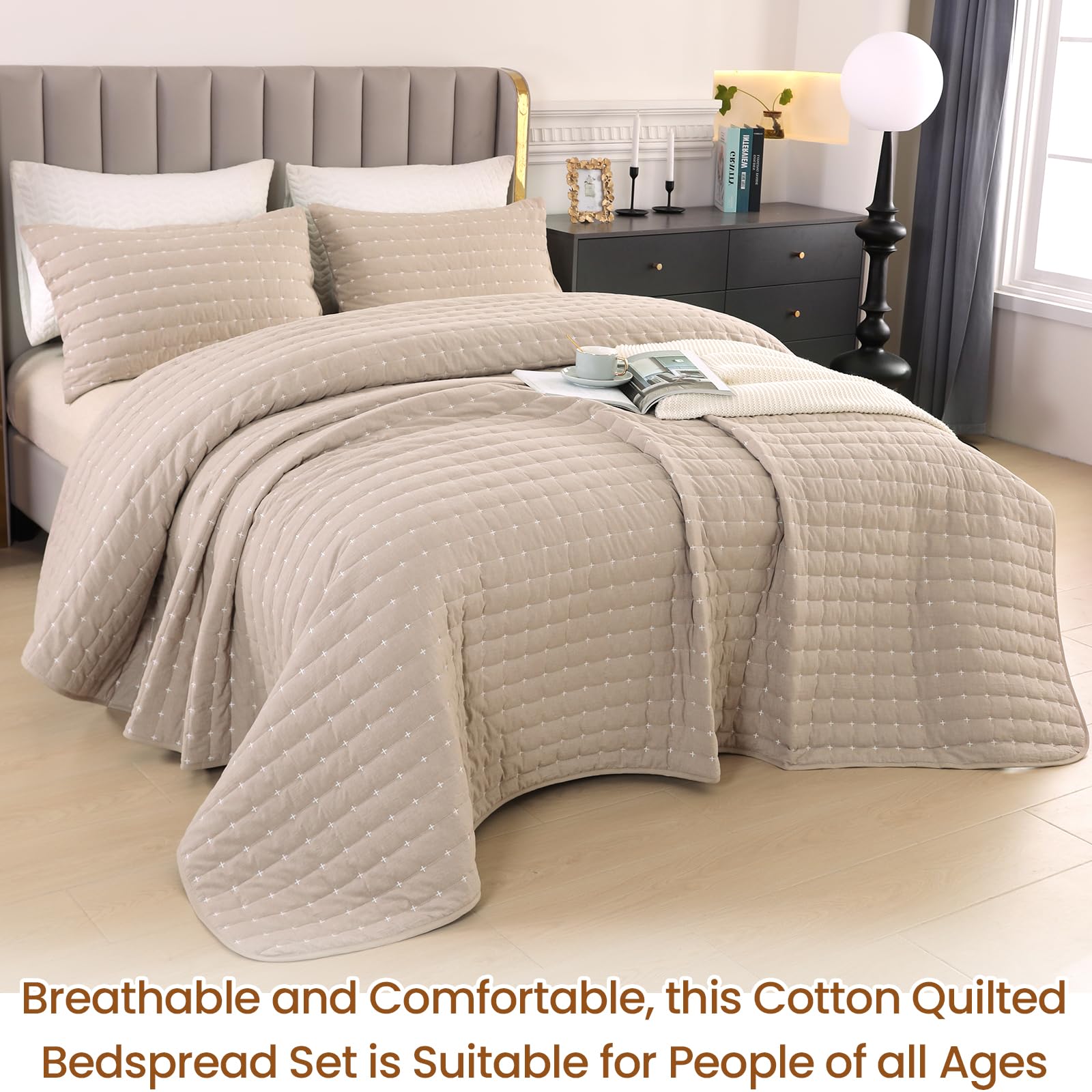 Qucover Colchas Acolchadas Cama 150 Súper Suaves y Cómodas de Algodón Lavado con Patrón Moderno de Punto de Cruz, 3 Piezas Cubrecama de Verano con Fundas de Almohada (Caquí, Cama 150)