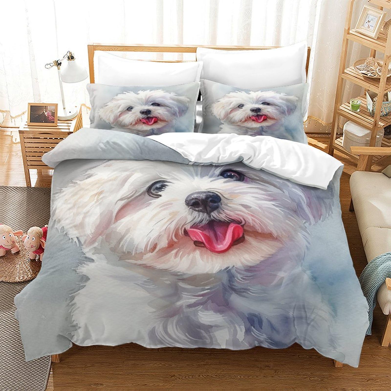 TNFHSOFT Maltese Dog Duvet Cover Microfiber Bedding Set, 3D Print Quilt Cover With Pillowcases, 3 Pieces With Zipper Closure, Winter Soft Comforter Cover Single（140x200cm）