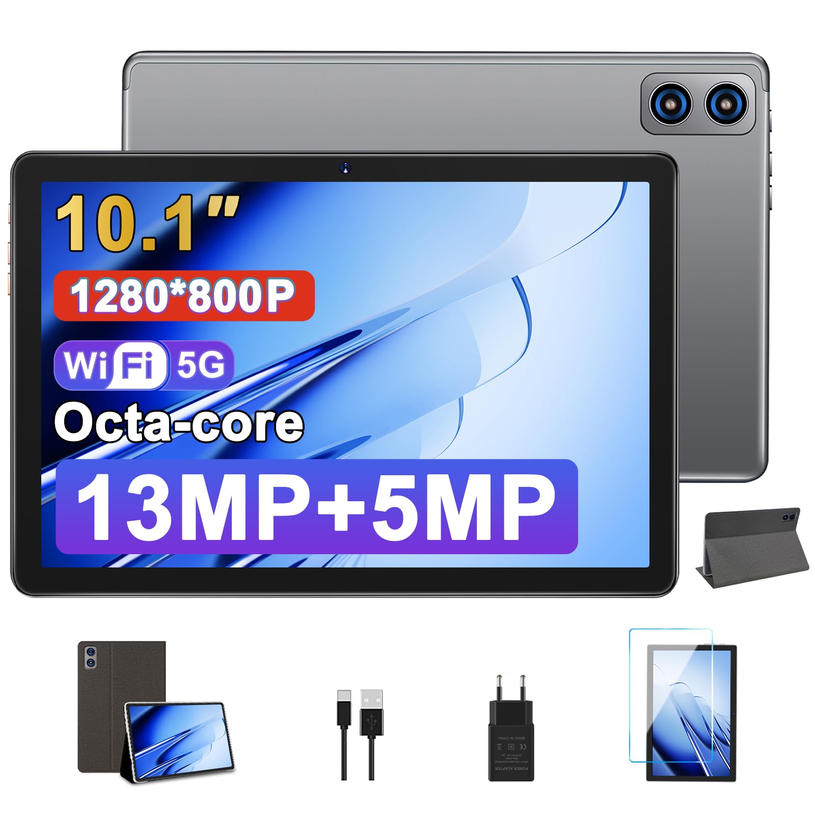 Tablet 10 Pulgadas PC Tableta Octa-Core 2.0 GHz 128GB ROM（TF 1TB） / 8000 mAh / 5G + 2.4G WiFi/Bluetooth 5.0 / GMS / 5MP+13MP /, Tablet con Funda Gris