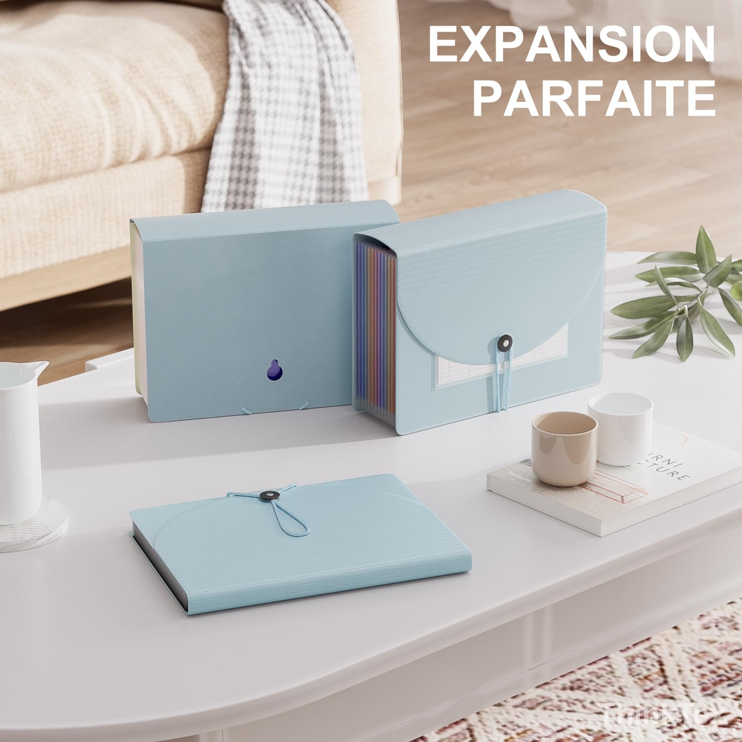 ThinkTex Trieur A4, 12 Pochettes Extensible Range Document, Rangement Papier Administratif, Classeur Documents Administratifs, Organiseur de Factures Mensuelles, Format Lettre/A4 - Morandi Bleu