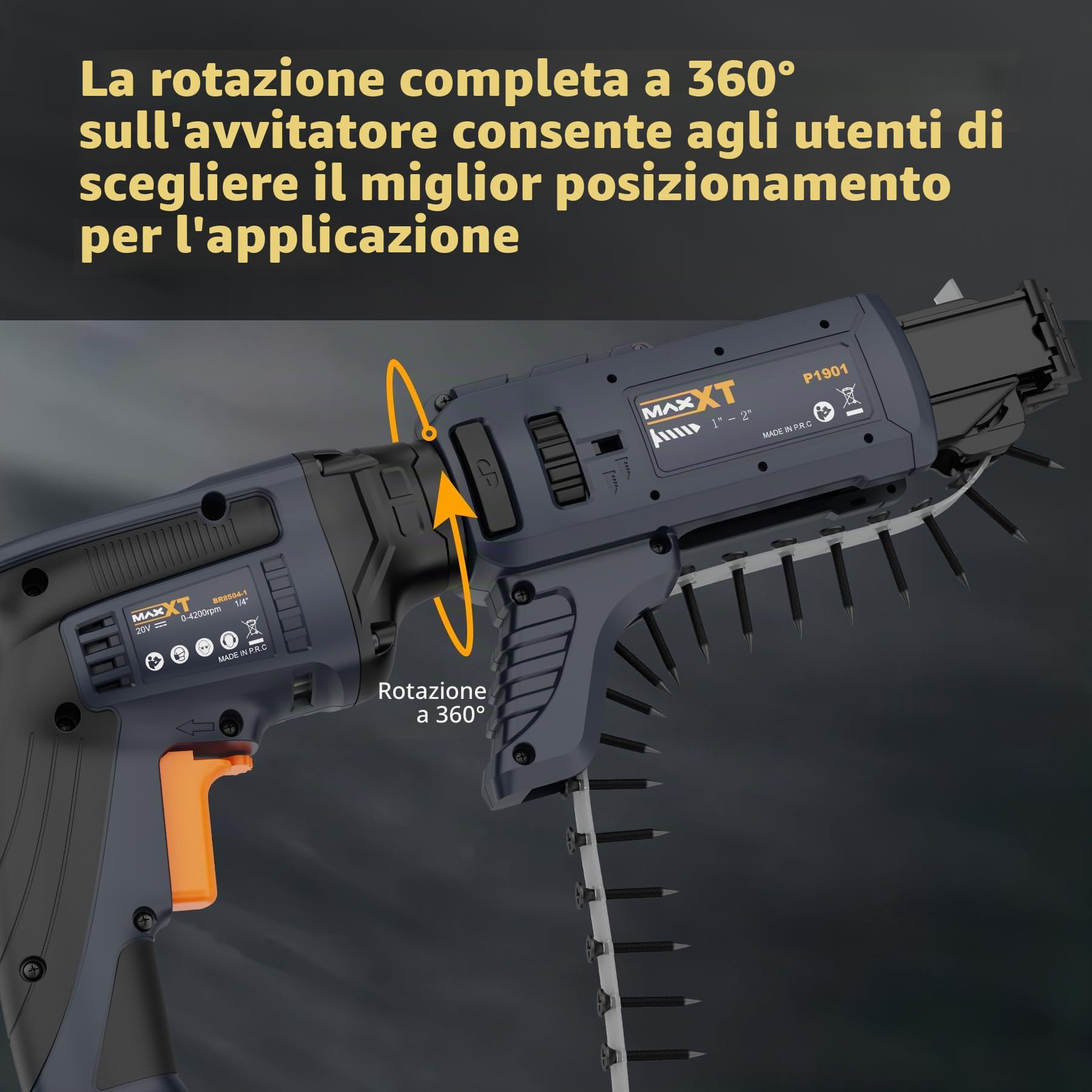 20V Atornillador con tope profundidad, MAXXT Cordless Lithium-Ion Brushless Drywall Screwdriver Autofeed 5000RPM with Collated Drywall Attachment（Included 2.0Ah Battery and Charger