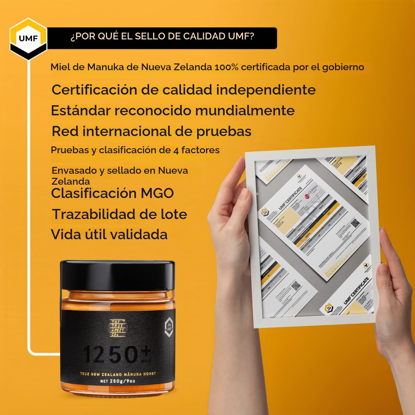 The True Honey Co. Miel de Manuka MGO 1250+ (UMF 26+) 250g | Certificado MGO y UMF | Exclusivo y de alta calidad | Producido y envasado en Nueva Zelanda | En vidrio con Signature Box | De NZfyMe