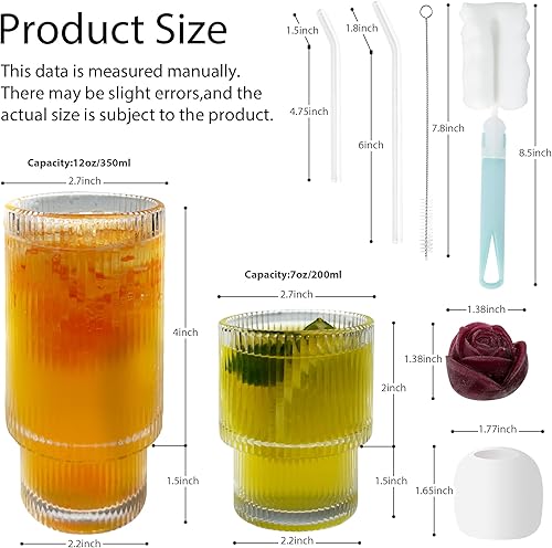 Miniatura 4 de Vasos acanalados  Juego de cristalería fácil de agarrar con pajitas y moldes de hielo  12 oz x 4, 7 oz x 4  Juego de vasos de bebida vintage