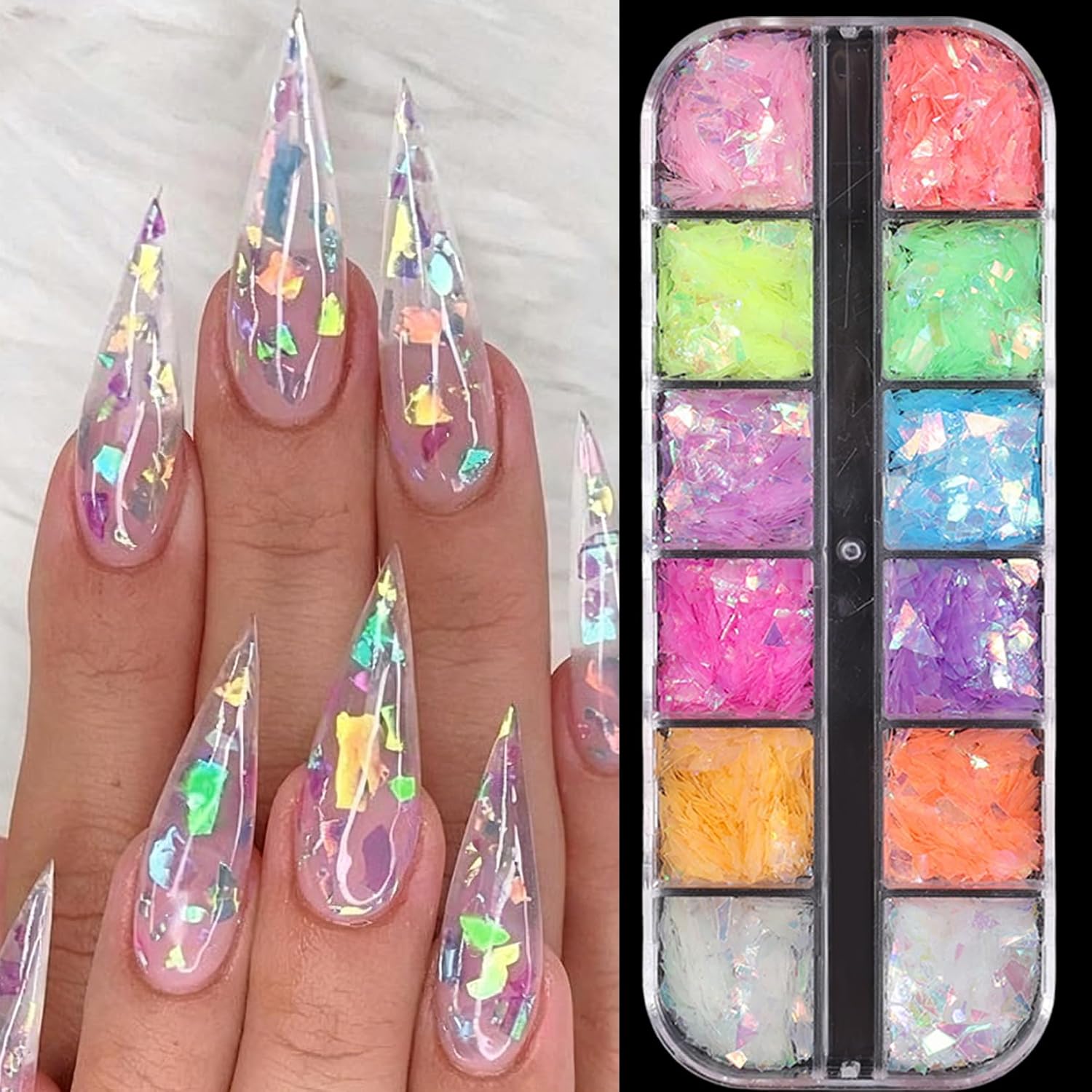 Iridescent Sequins Nail Glitter Flakes 36 Colors Holographic Mermaid Glass Paper Nail Sequins Colorful Fluorescent Irregular Ice Slag Nail Art Decoration DIY Confetti Flakes for Nails Art Designs