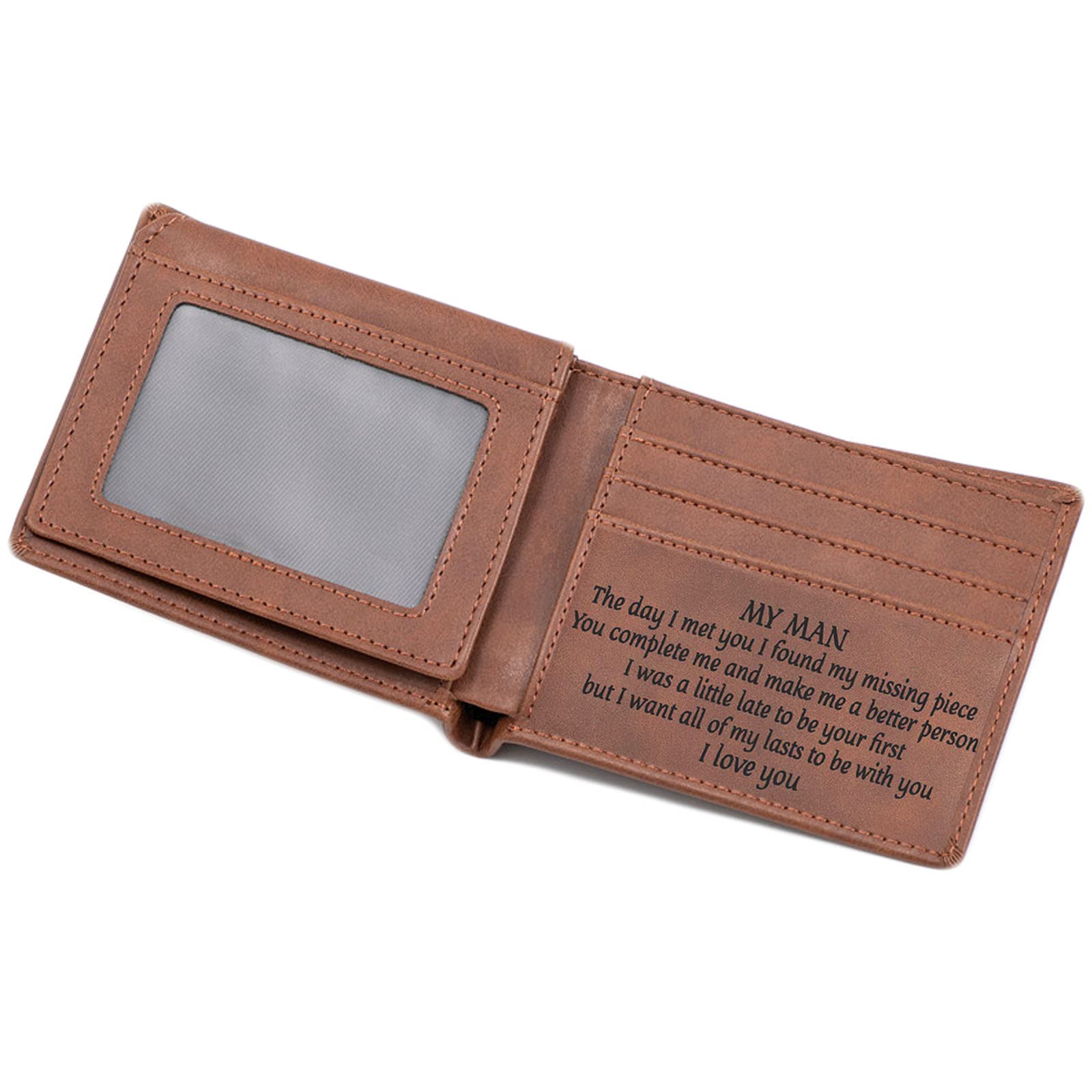 Mens Minimalist Bifold Wallet, Engraved Slim Leather Wallets Personalized Mens Gifts for Husband Son Grandson With Flip ID Window (My Man)