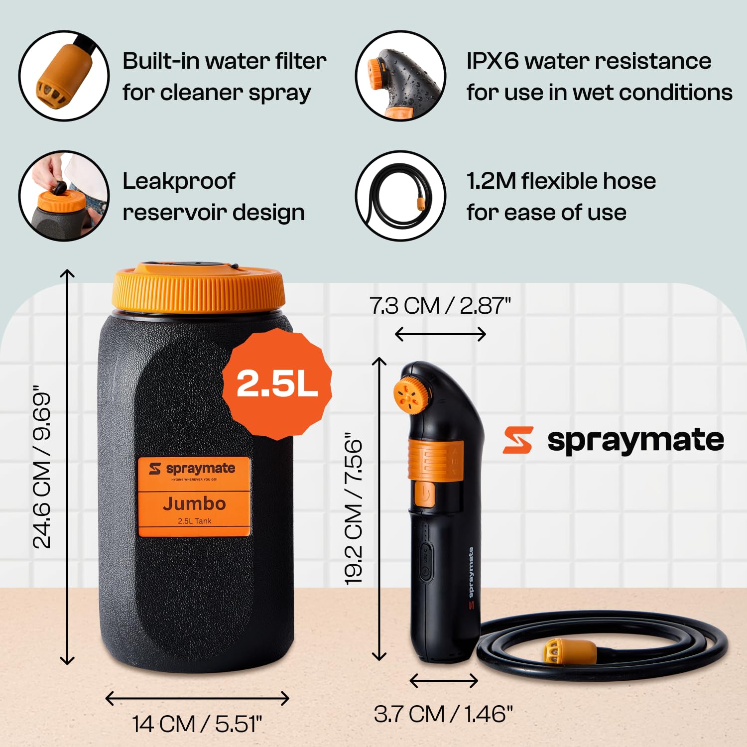 Spray Mate Jumbo Tragbares Bidet für Reisen – Elektrisches Hochdruck wiederaufladbares Bidet für Damen und Herren | 2,5 l Flasche | 1300 ml/min Durchfluss | USB-C | 1600 mAh Akku | USA-Marke