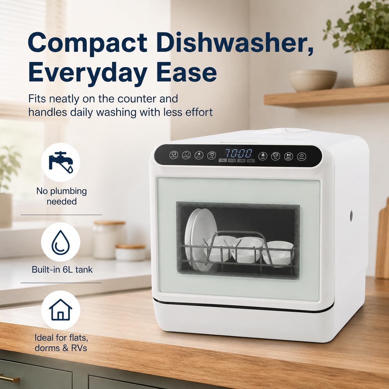 Lavavajillas de mesa, 1100 W Mini lavavajillas sin instalación con 4 modos de lavado, depósito de agua de 6 L, secado por aire caliente y almacenamiento de 72 horas, control táctil LED, lavavajillas