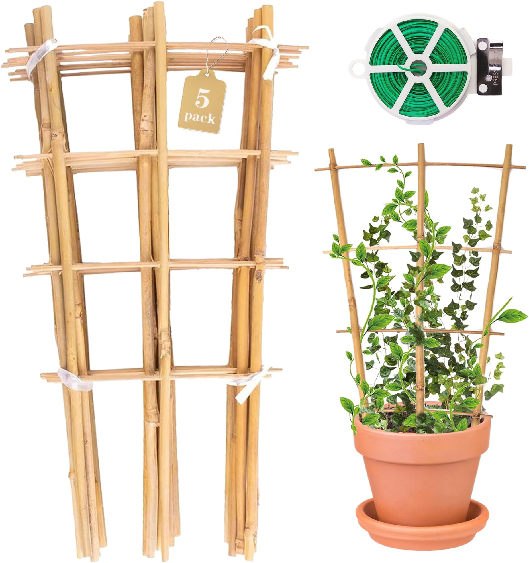 Bamboo Trellis for Climbing Plants, 16" Natural Garden Ladder Trellis, Garden Trellis for Climbing Plants, 5 Pack Fan Shaped Support Trellis for Potted Plant Decor in Door