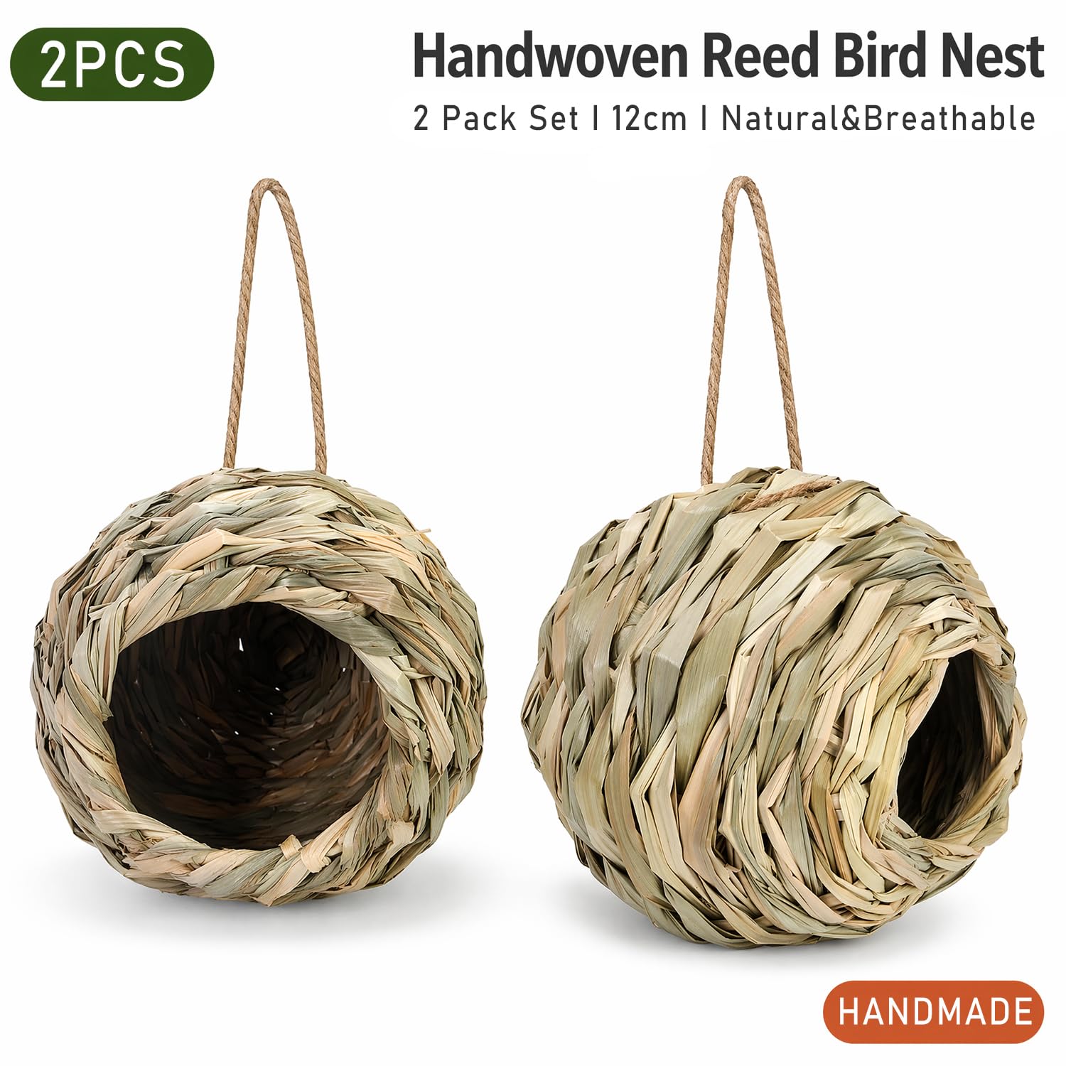 Nido Per Uccello Erba Casetta, 2 Pezzi, 12 x 12 x 9 Cm | Intrecciato a Mano Con Erba Naturale, Casetta Sospensabile, Ideale Per Colibrì, Cocorite e Uccelli Selvatici Di Giardino