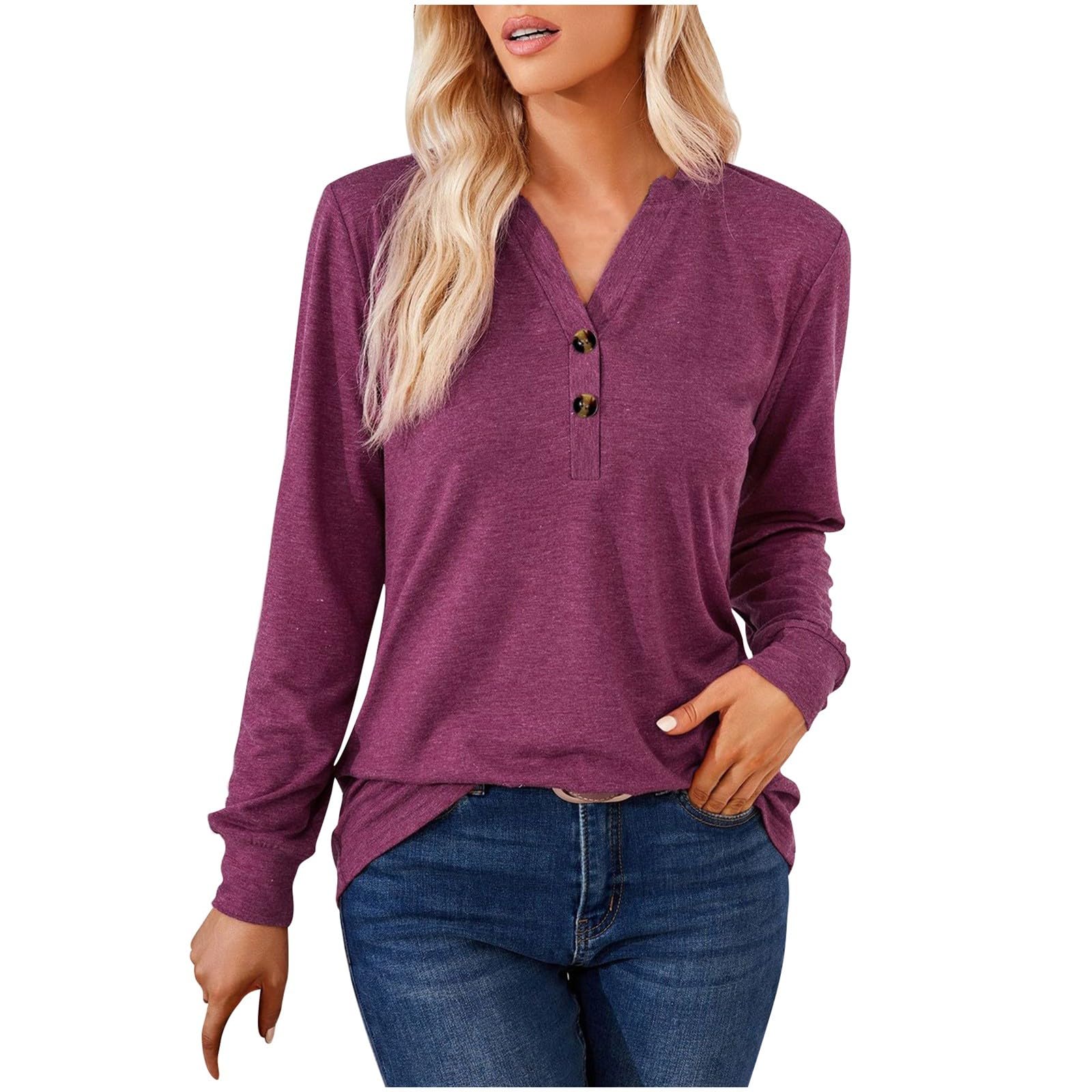 BCDlily Long Sleeve Tops for Women V Neck Basic Texture Tunic Blouse Fall Casual T Shirts Trendy Loose Fit Tees