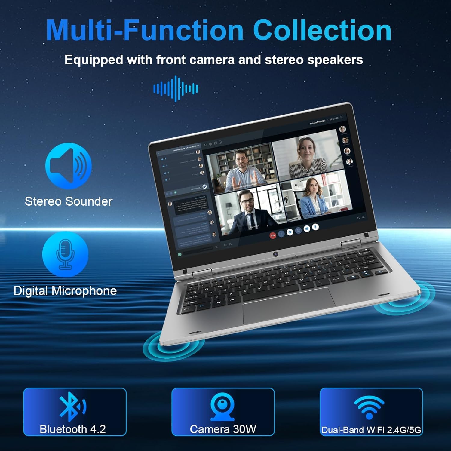 PINSTONE Computer portatile da 128 GB SSD 11.6" N4020 - PC portatile touch pieghevole a 360°, 1366 x 768 IPS, 2.4G+5G WiFi/Mini HDMI / USB3.0 / Laptop Extension SD Tastiera a membrana, argento