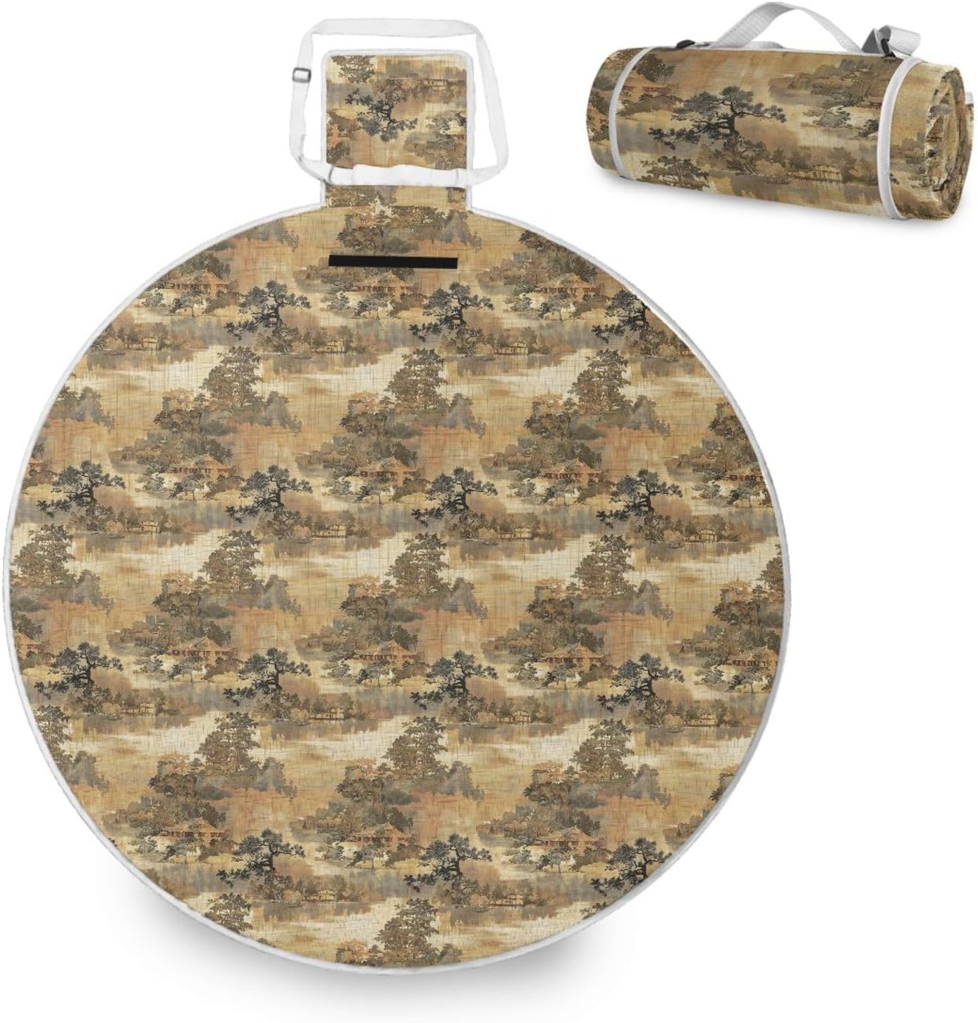 Round Outdoor Play Mat - Fits 2 Adults, Summer Accessories Soft Foldable Picnic Blanket for Spring Summer Camping 58 in (Pictures of Brown Weave Styles)