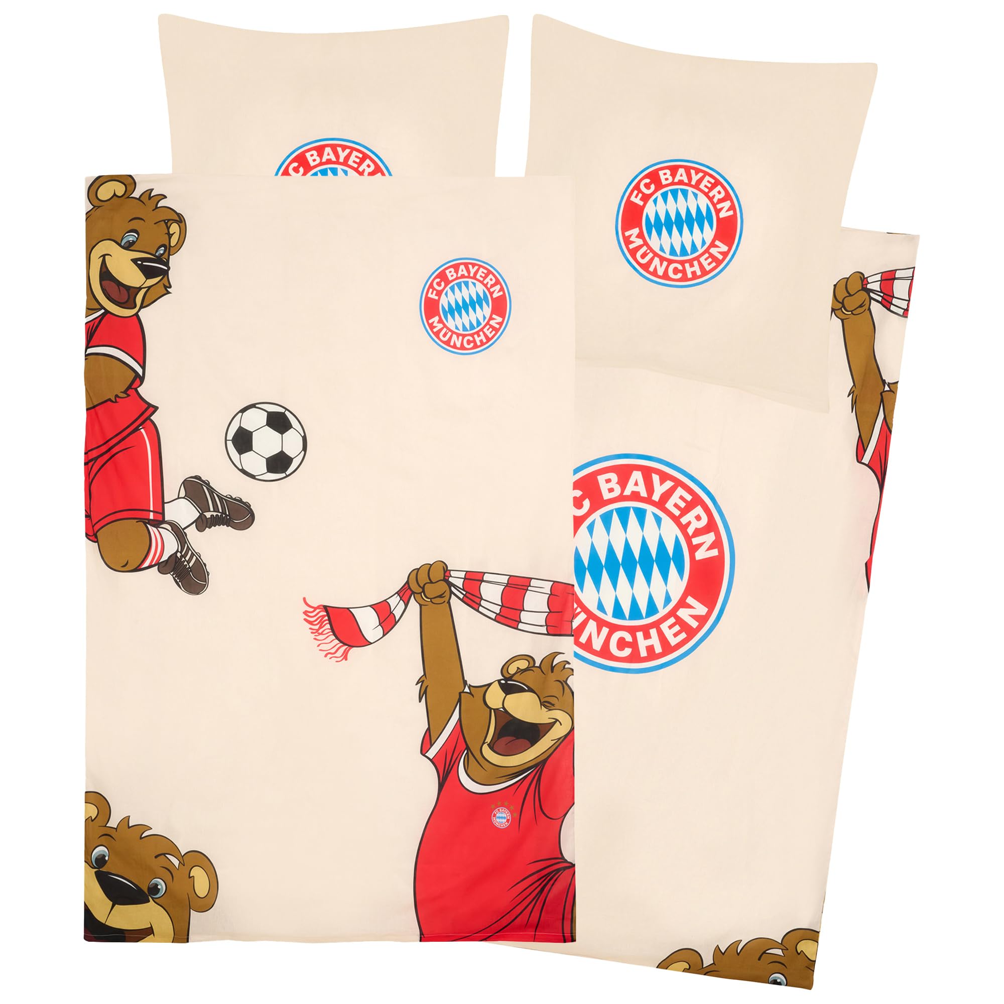FC Bayern München Bettwäsche Berni Maskottchen 135 x 200 cm + 80 x 80 cm 100% Baumwolle Renforcé-Linon-Qualität Mia San Mia Alianz Arena Fußball FCB deutsche Größe mit Reißverschluss