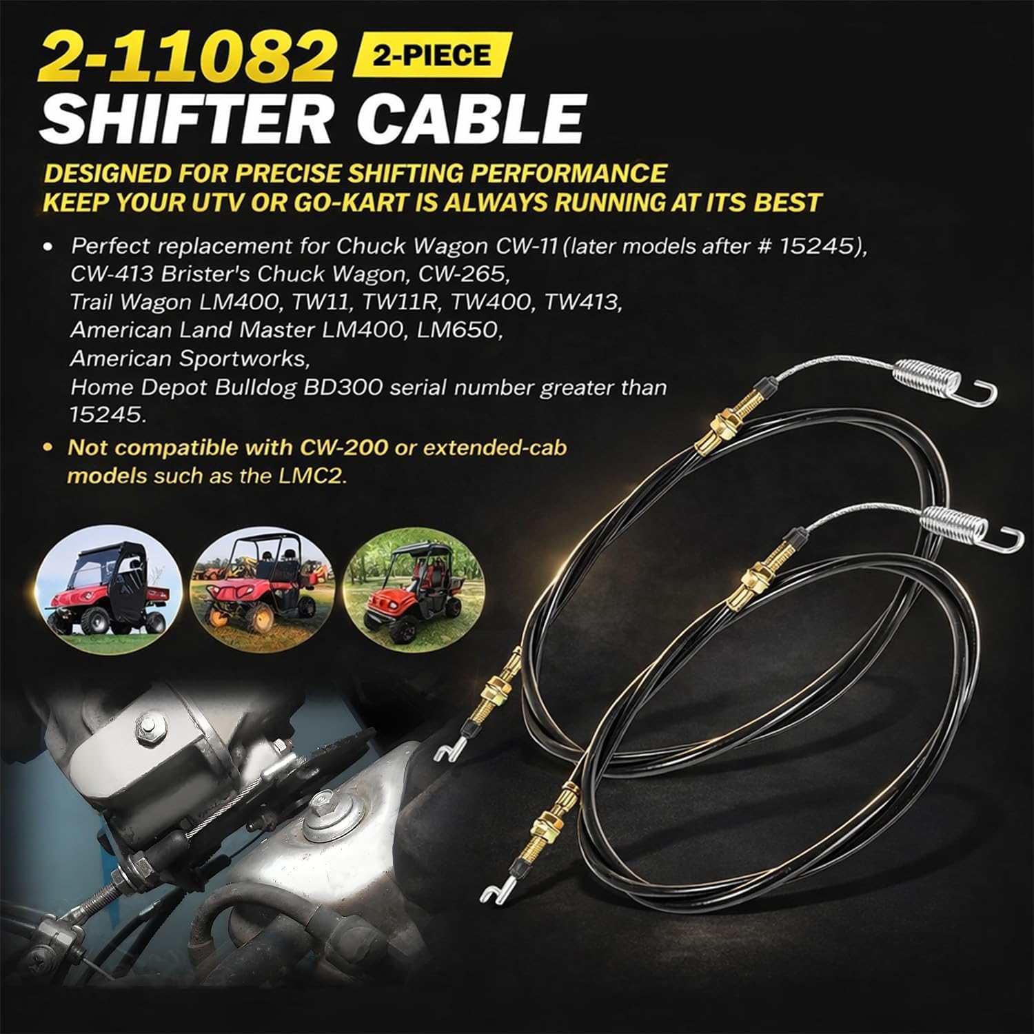 2Pcs 2-11082 Shifter Cable for Chuck Wagon CW-11 CW-265 CW-413, Trailmaster Trail Wagon TW400 TW11, BD300, Land Master LM400 LM650, UTV Go-Kart Shift Cables Parts and Accessories