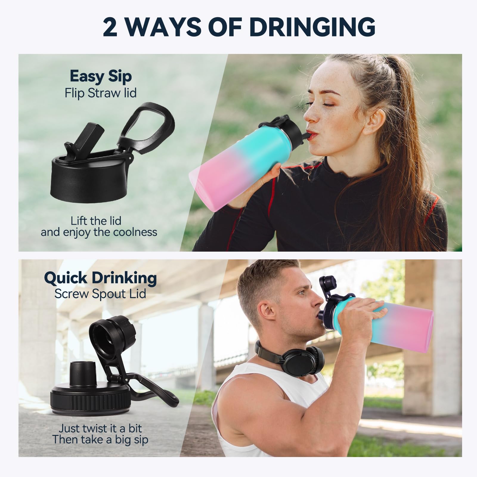 Neihepal Isolierte Wasserflasche, 18/8 Edelstahl, doppelwandig, mit Strohhalm-Deckel und Auslaufdeckel, hält warm und kalt, ideal für Fitnessstudio, Schule, Outdoor, Camping, Sport, Grün, Pink, 4