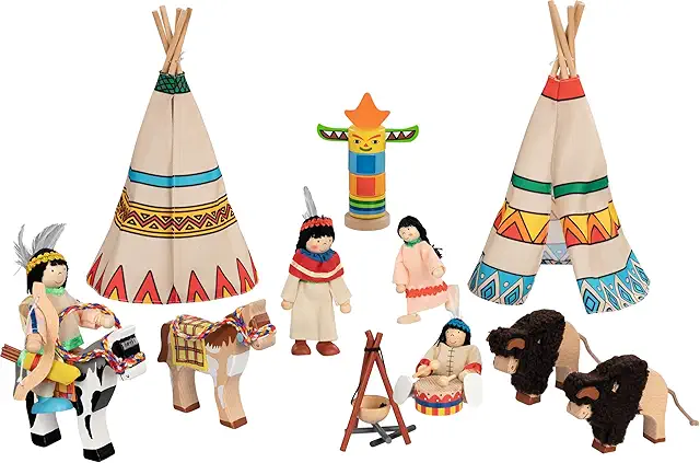 TOYS pure Indianerlager: 4 Biegepuppen aus Holz - Elastolin Figuren