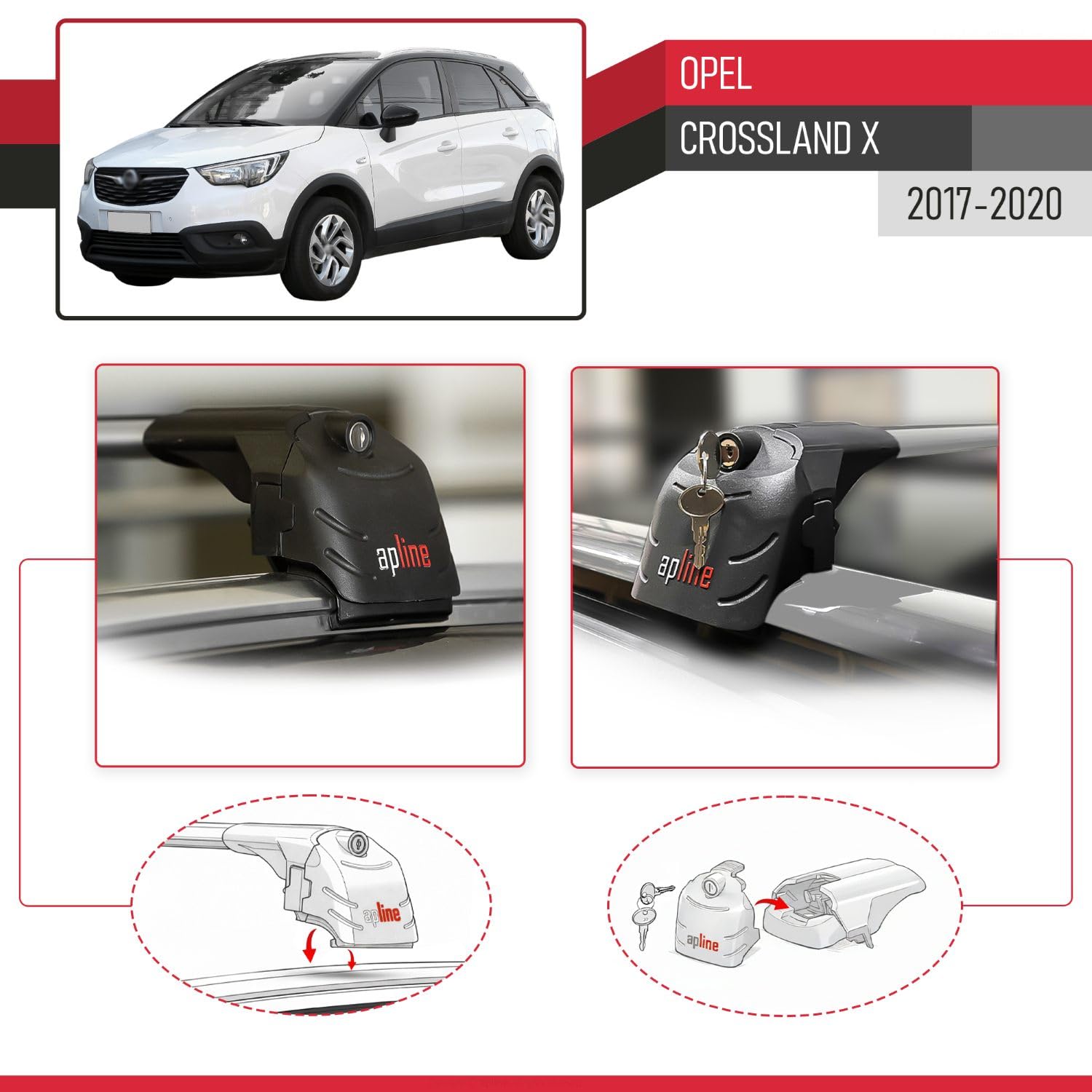 Compatible con Opel Crossland X 2017-2020 Modelo Ace-2 Barra de Techo Auto Portaequipajes Barras Transversales Gris Aluminio 2 Barras