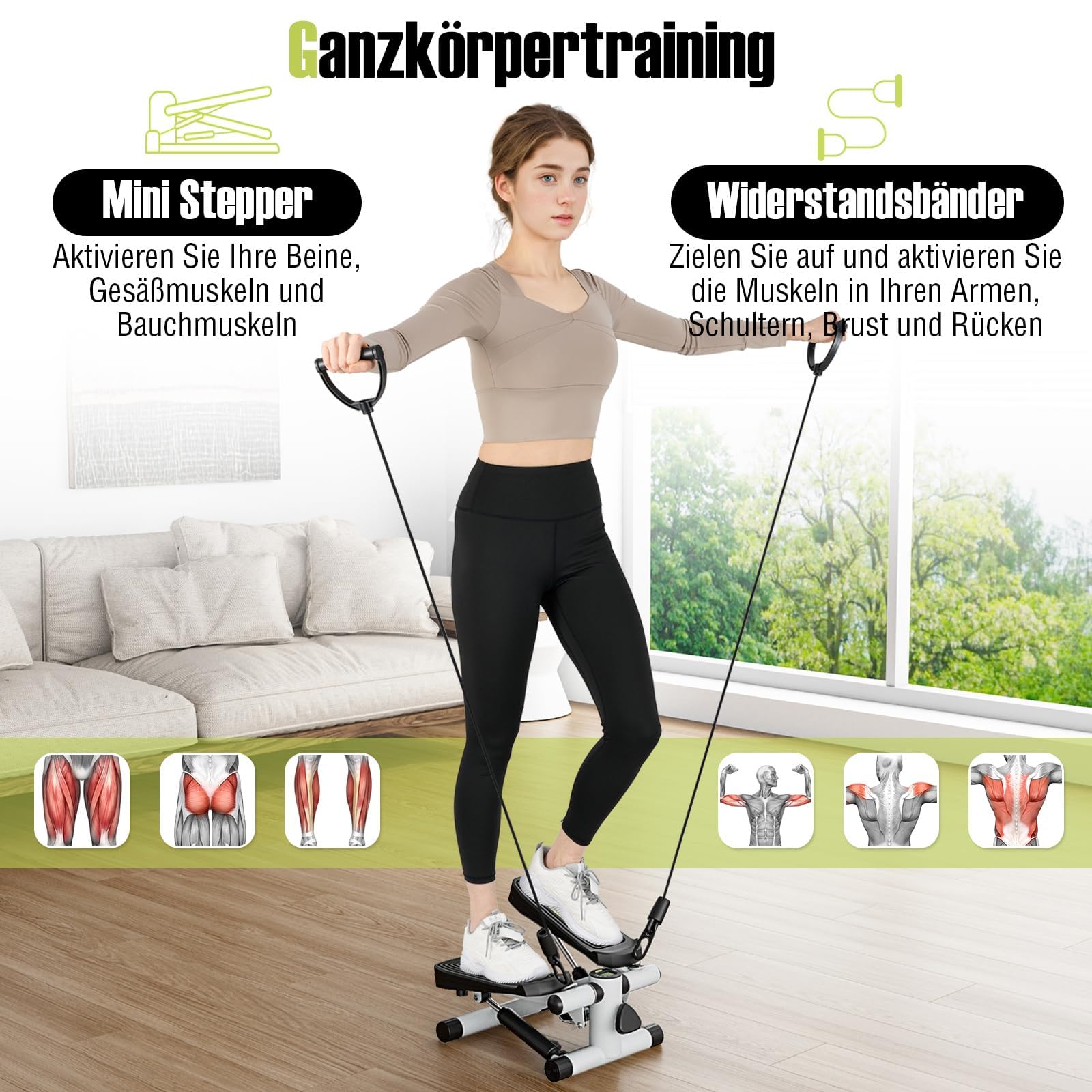 FANTASK Mini Stepper Mit Widerstandbändern - Home Trainer Mit LCD Display