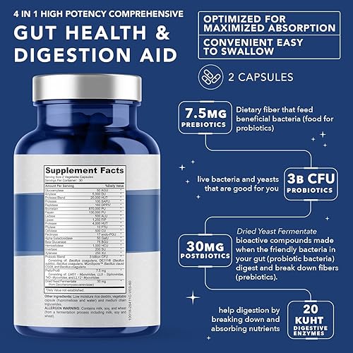 Miniatura 3 de Probiótico prebiótico y posbiótico 4 en 1 para mujeres y hombres, suplemento completo de apoyo intestinal y digestivo, probióticos pre post y