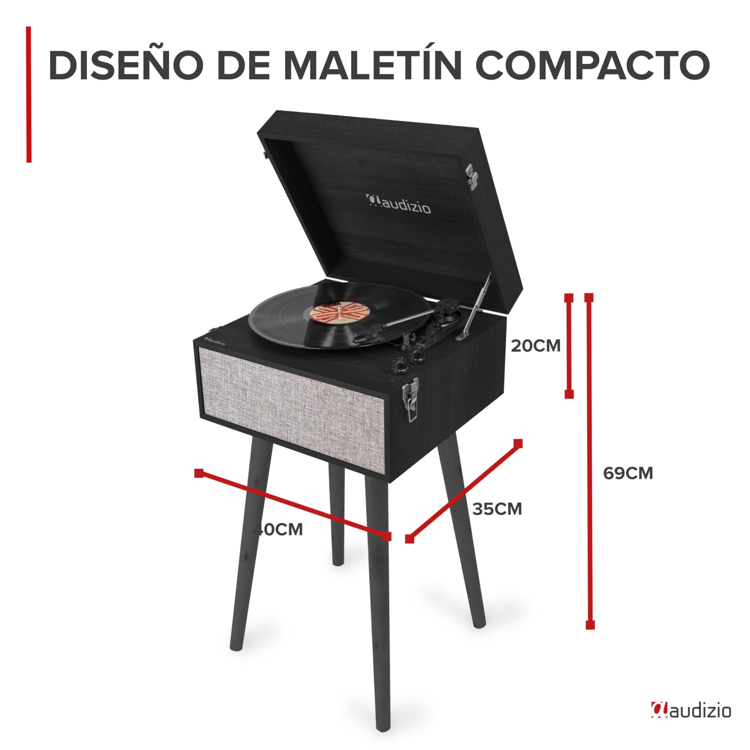 Audizio Fremont - Tocadiscos Retro con Patas de Madera, Bluetooth bidireccional, USB para digitalizar vinilos, Altavoces estéreo, RCA, 3 velocidades, Entrada AUX y Salida de Auriculares Color Negro