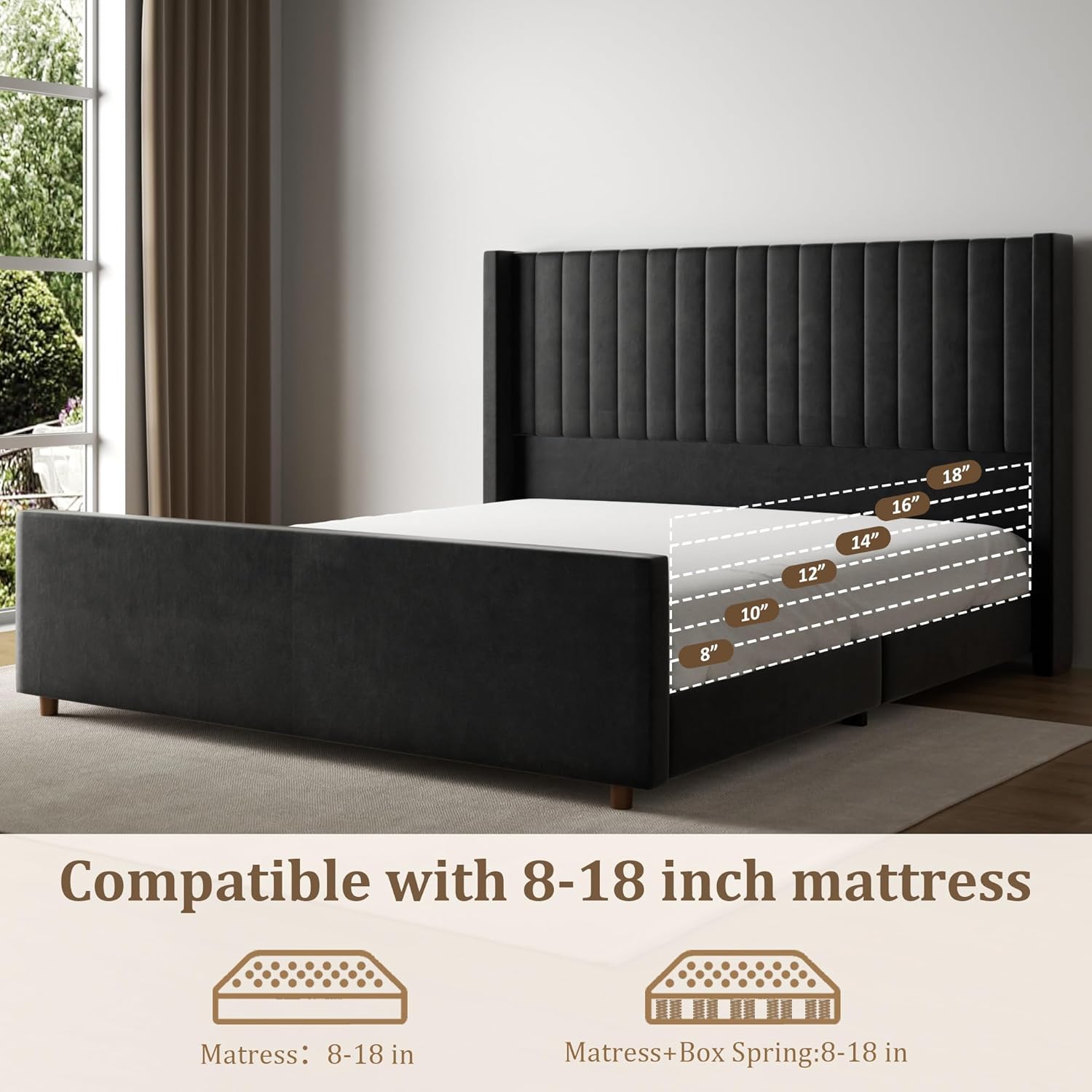 King Size Bed Frame, Upholstered Platform Bed with 62" Tall Headboard & Footboard, Soft Velvet Fabric, No Box Spring Required, Easy Assembly, Black