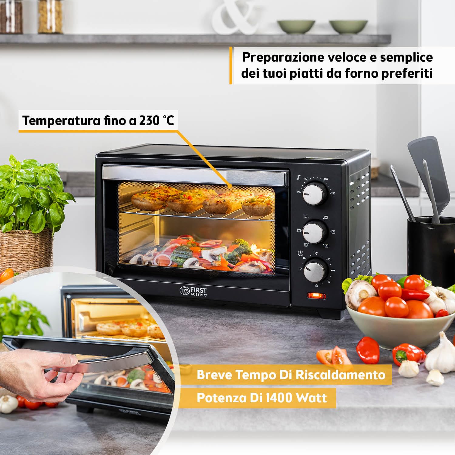 TZS First Austria - Mini Forno 20L 1380W - Fornetto con regolazione della temperatura fino a 230°C - Con timer di 60 min, 3 altezze di inserimento, teglia e griglia - Per cucine piccole e campeggio