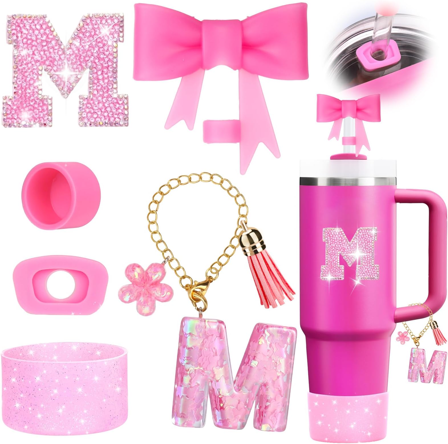 Mity rain 6PCS Pink Cup Accessories for Stanley Cup 30oz 40oz - Tumbler Initials Decoration for Stanley Letter M