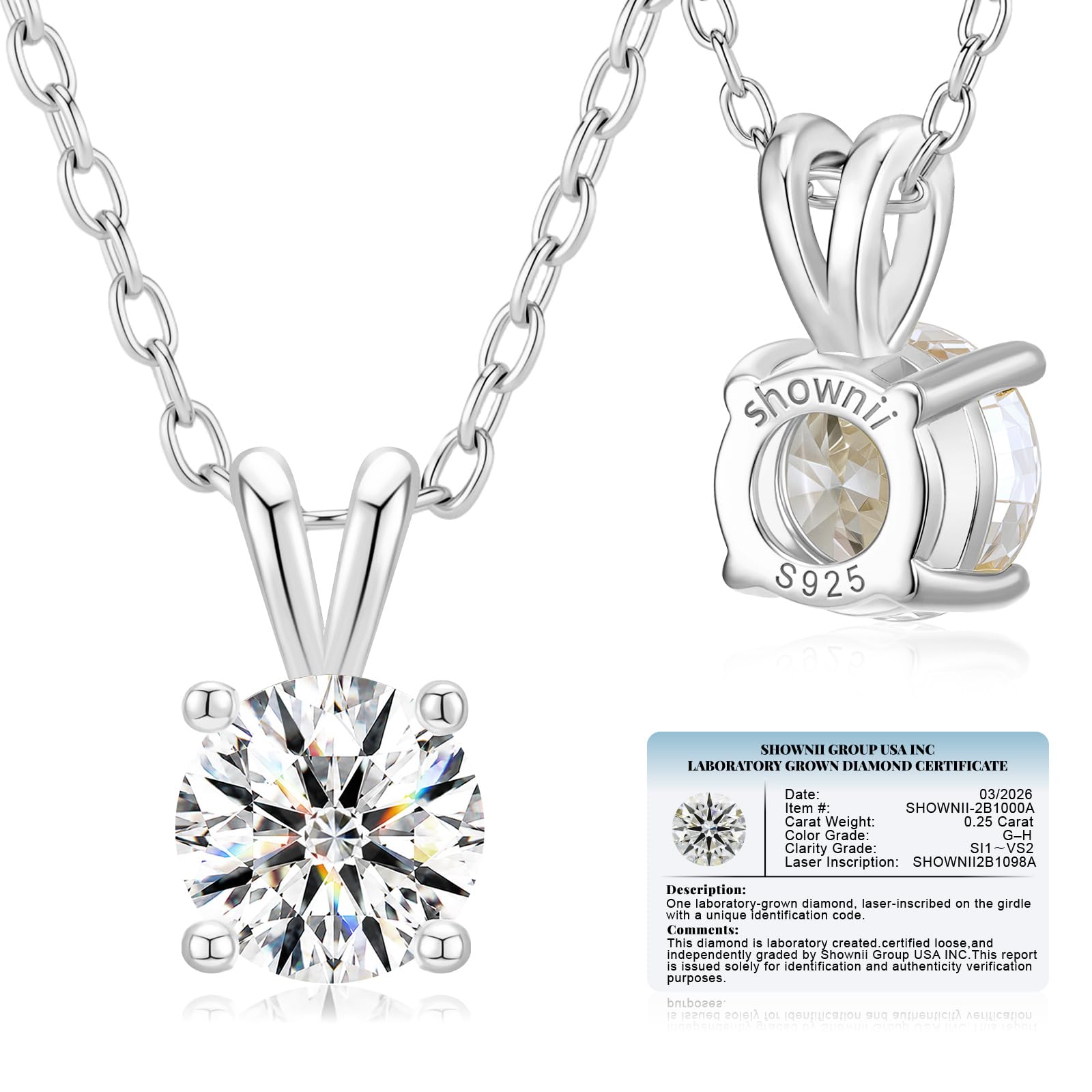 shownii 0.25CT LAB GROWN Diamond Solitaire Pendant Necklace for Women