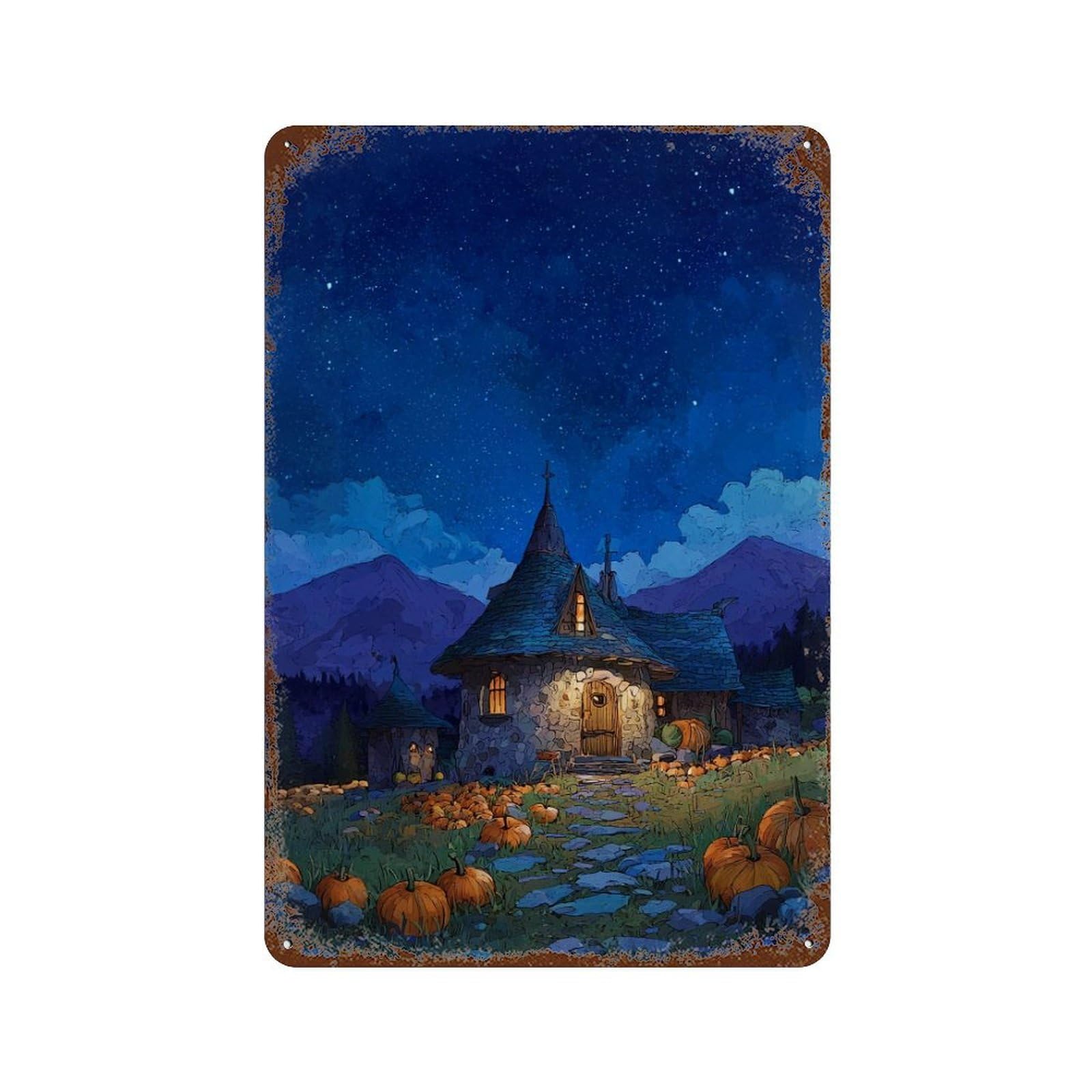 Halloween Cottage with Pumpkins Rust Effect Tin Sign 11.8"x7.9", Rustic Home Decor for Garage, Pub Or Kitchen