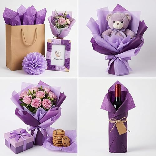 Miniatura 8 de Qilery 500 hojas de papel de seda morado lavanda a granel para bolsas de regalo, envoltura de flores, 15 x 20 pulgadas, embalaje sin ácidos, hojas