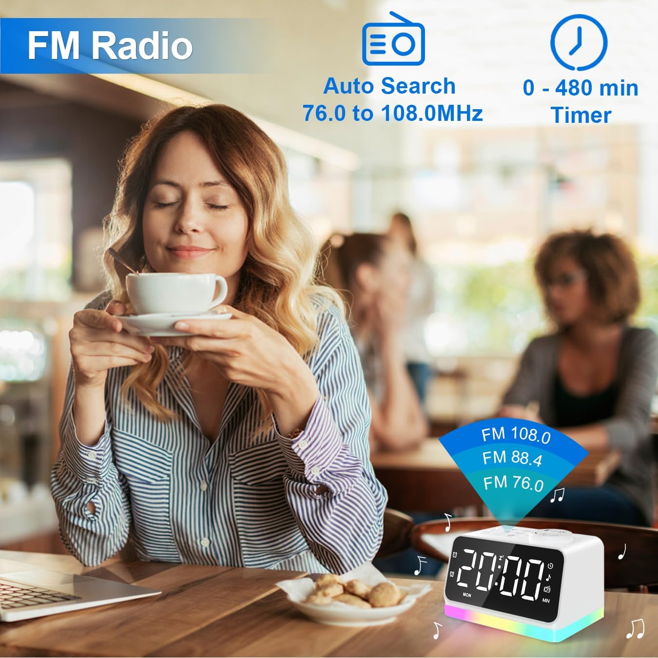 JALL Réveil numérique avec radio FM pour chambre à coucher, veilleuse en 8 couleurs avec 2 ports de charge, générateur de bruit avec minuterie, double alarme, alarme forte et facile à utiliser