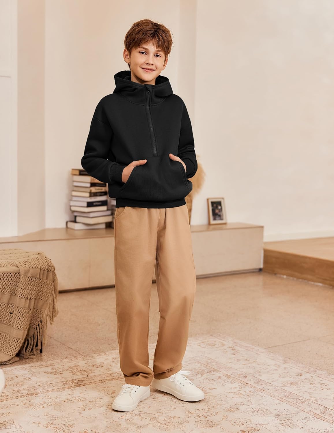 Arshiner Boy's Hooded Sweatshirts Long Sleeve Hoodies Kids Quarter Zip Pullover with Kangaroo Pocket 5-14Y - Image 5