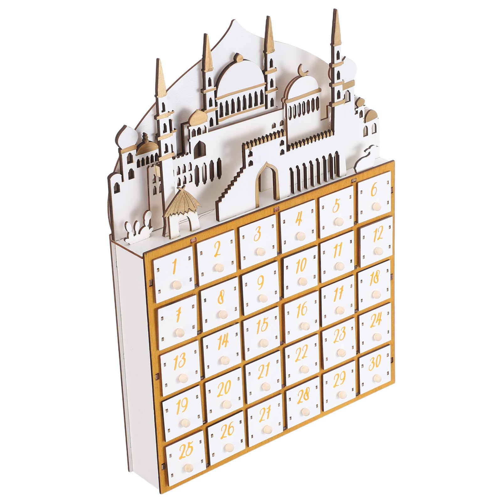 Operitacx Calendario de Adviento de Ramadán con Luz LED de Madera y 30 Cajones para Cuenta Regresiva y Organizador de Escritorio Decoración para Fiesta Eid