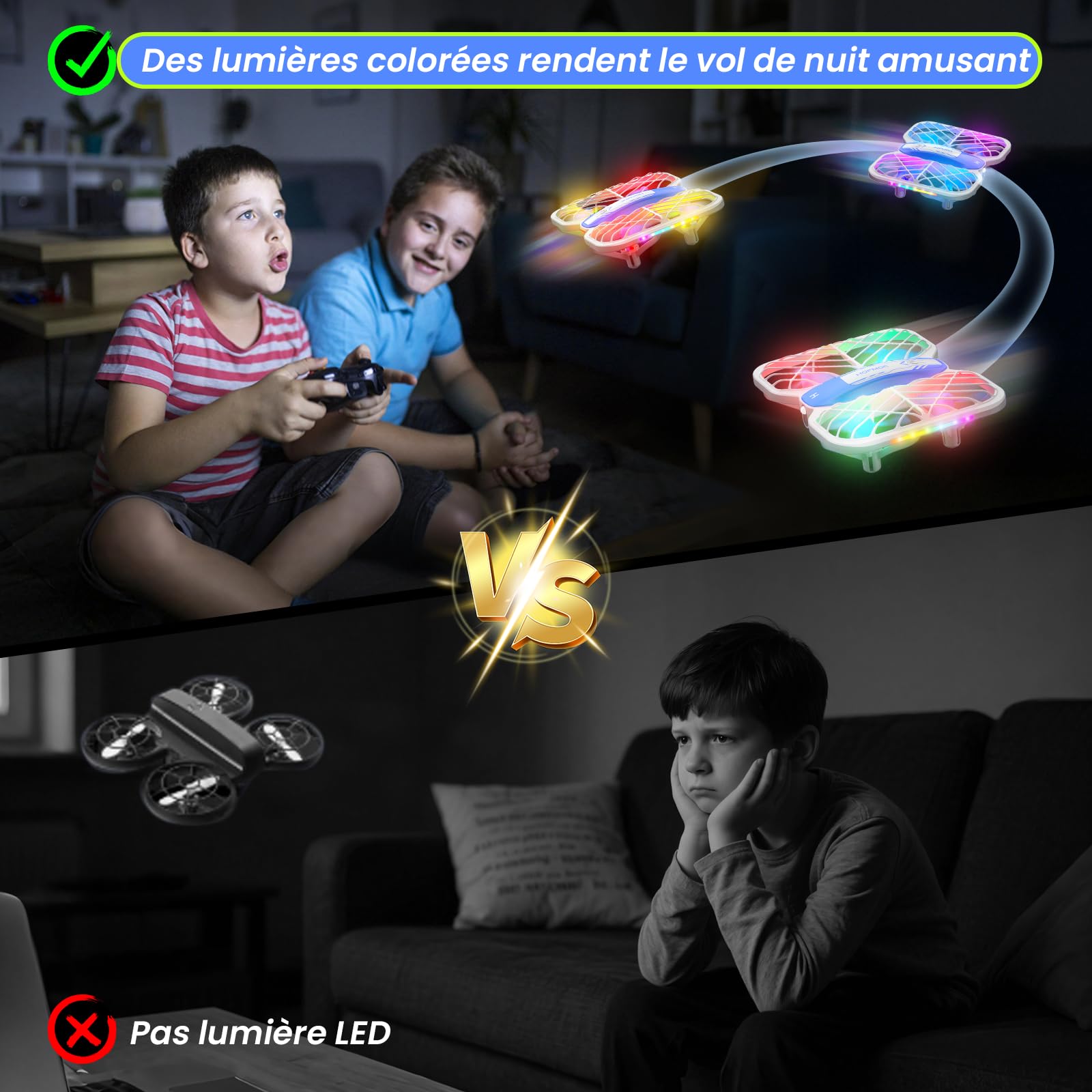 Drone pour enfants, drone HOFMOC avec 5 lumières LED, flip 3D, décollage/atterrissage automatique, mode sans tête, 3 vitesses, 22 minutes d'autonomie, jouet pour enfants à partir de 6 ans