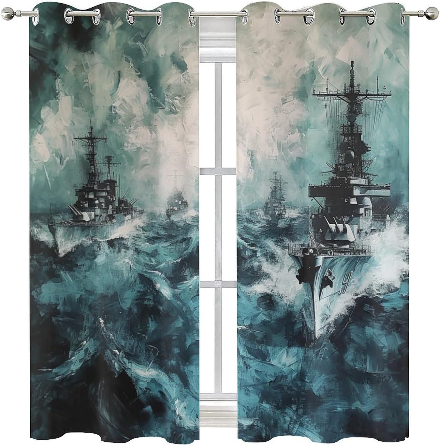 Vintage Oil Painting American Battleship Curtains Top Grommets Window Treatment,Rustic Navy Nautical Theme Army Ship Print Curtains Blackout Thermal Insulation Curtain-2 Panels 45" L x21 W