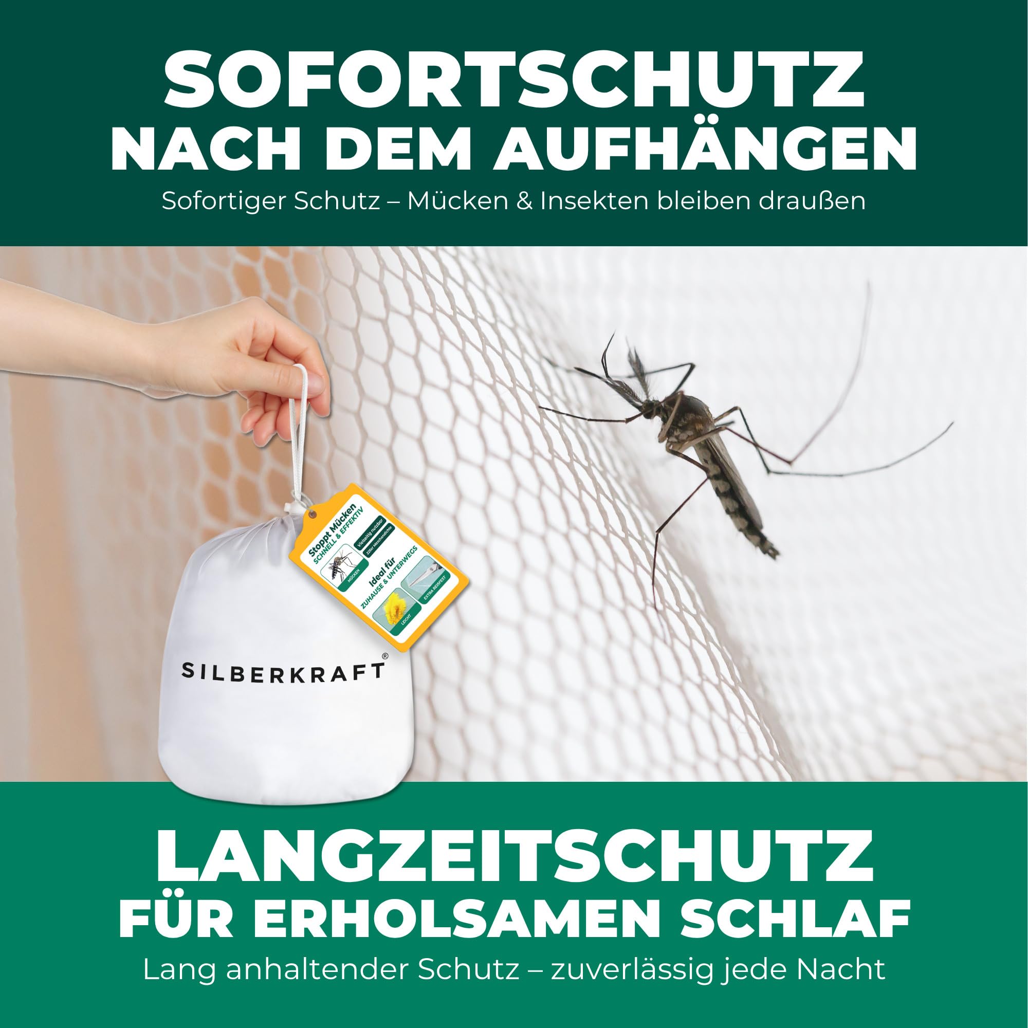 Silberkraft Moskitonetz XXL für Doppelbett - Mückennetz mit Reißverschluss-Öffnung, inklusive Klebehaken, geeignet für Reisen und zu Hause, feinmaschiges Netz, mit Beutel zur Aufbewahrung