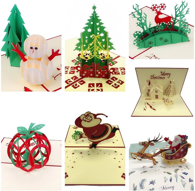AlleTechPlus 3D Handmade Gift Greeting Christmas Cards 7 Pack Holiday Pop Up Cards with Envelopes