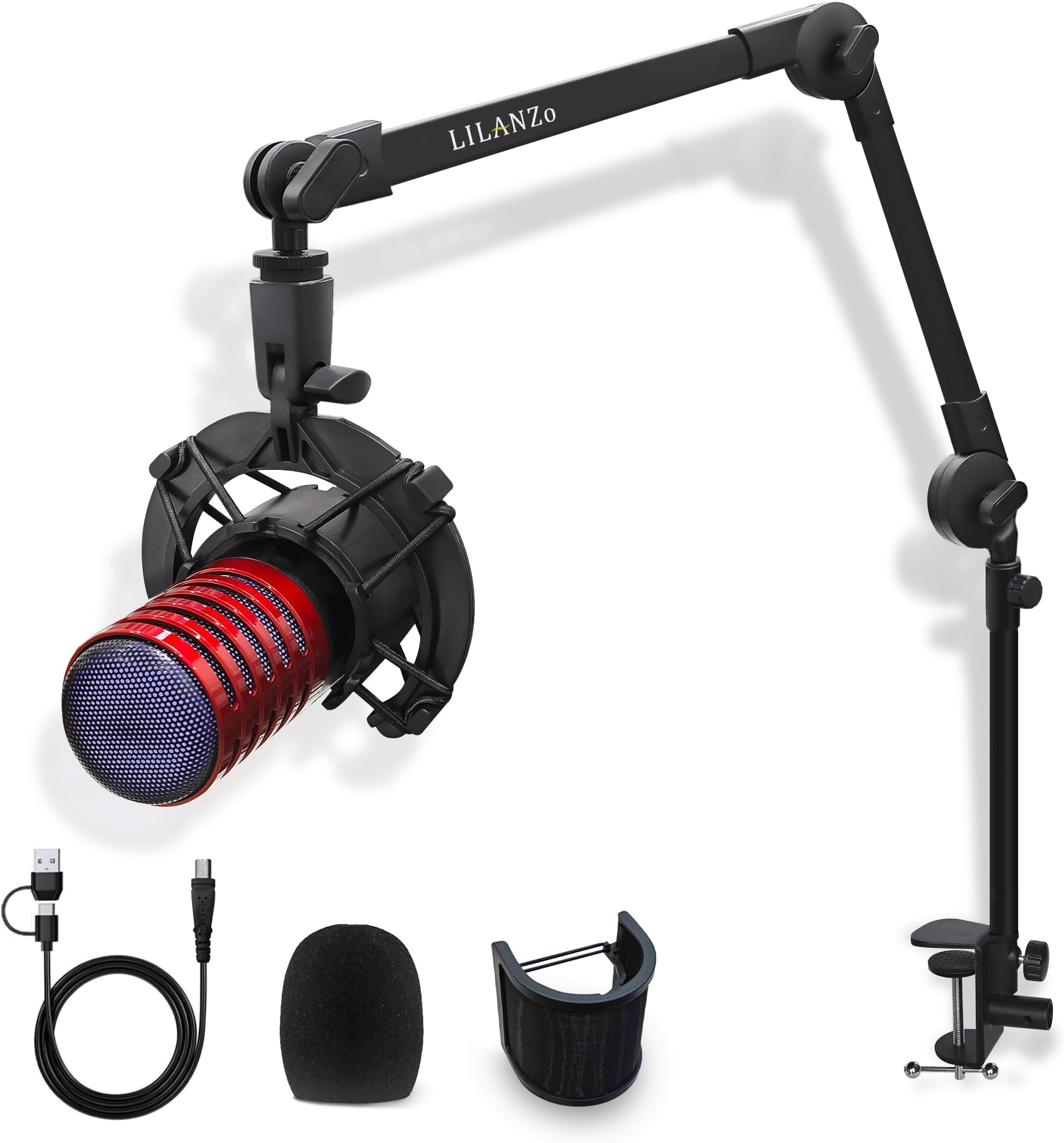LILANZo Gaming USB Microphone for PC, Noise Cancellation Condenser Mic with Boom Arm, Mute, Gain, Echo, Monitoring, Sound Optimization, Podcast Mic for Streaming, PS4/5, Twitch, YouTube, TikTOK(Red)