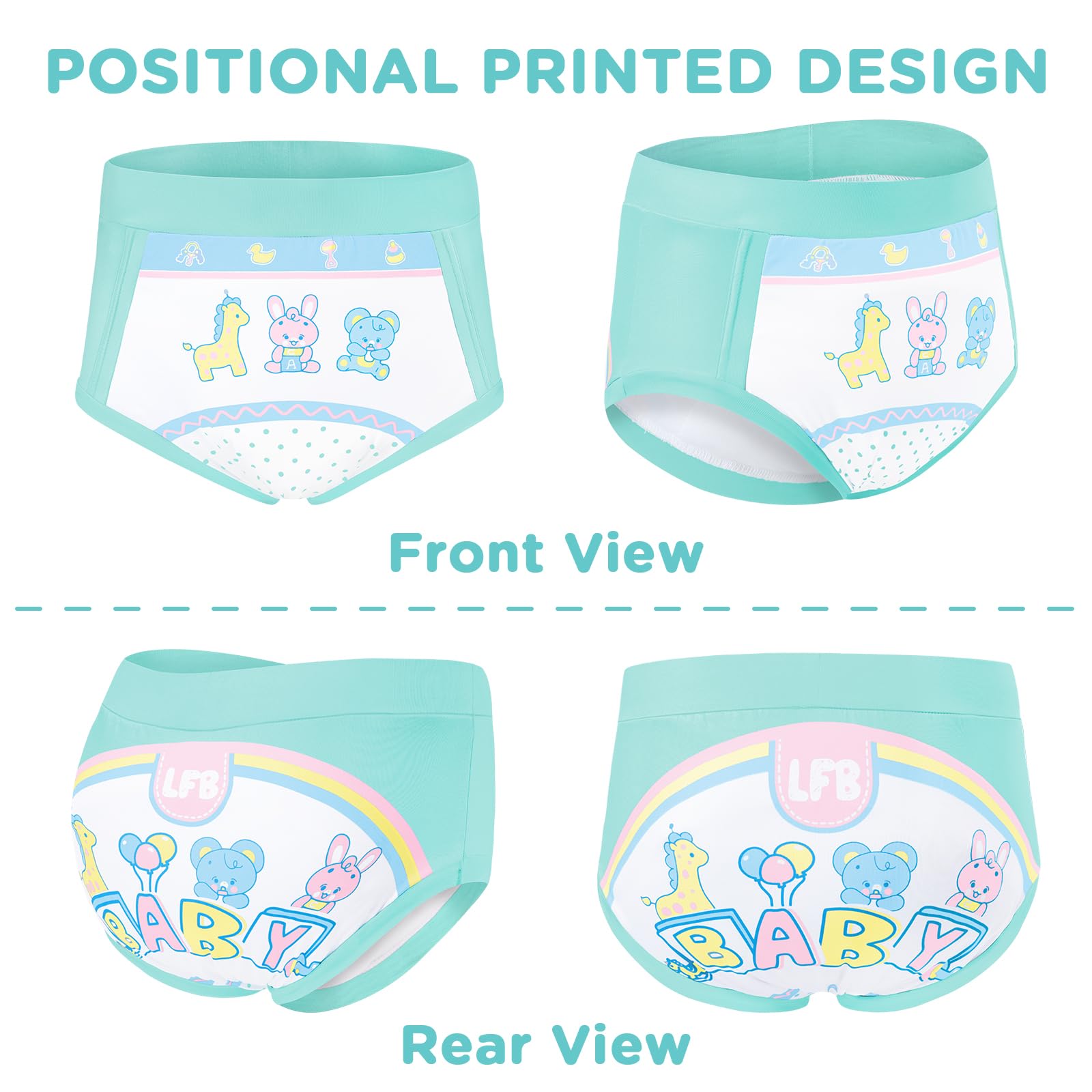 LittleForBig Mutandine di apprendimento a vita alta per adulti, morbide e setose, lavabili, riutilizzabili, impermeabili, comfort assoluto – motivo Baby Parade M