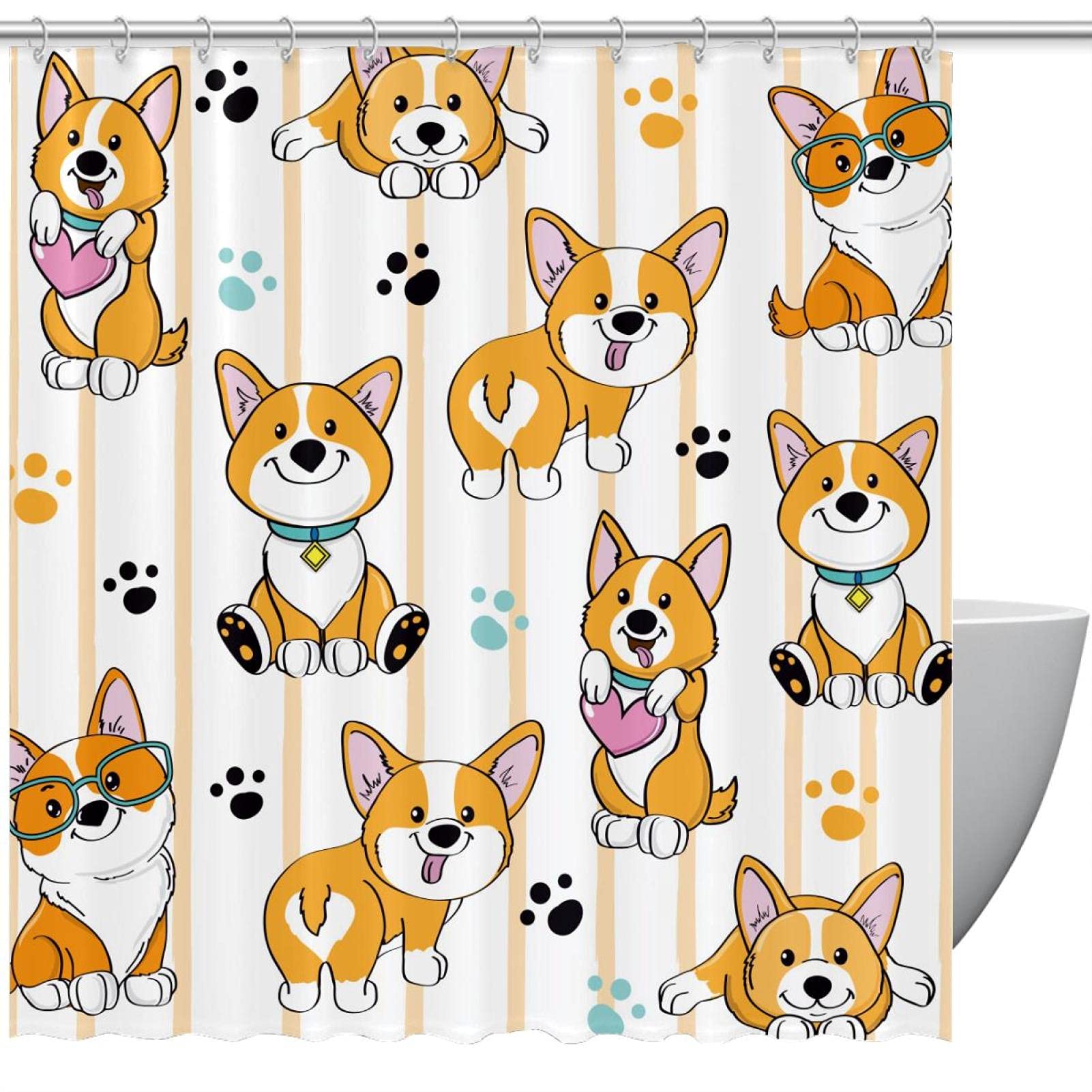 Rideau de douche Corgi Dog Stripe 183 cm en tissu imperméable
