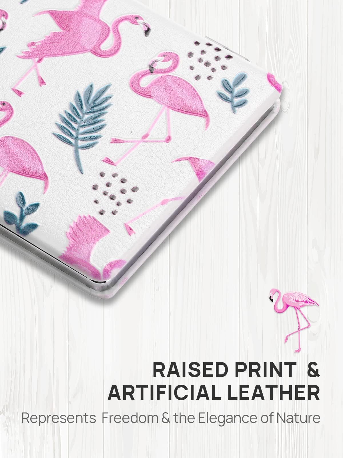 OMIRO Espejo compacto, aumento 3x/1x, rectangular de 8,6 x 6,1 cm | Pintura única de piel sintética, espejo de aumento de viaje de doble cara 3x/1x, flamencos rosados, plegable en 180°
