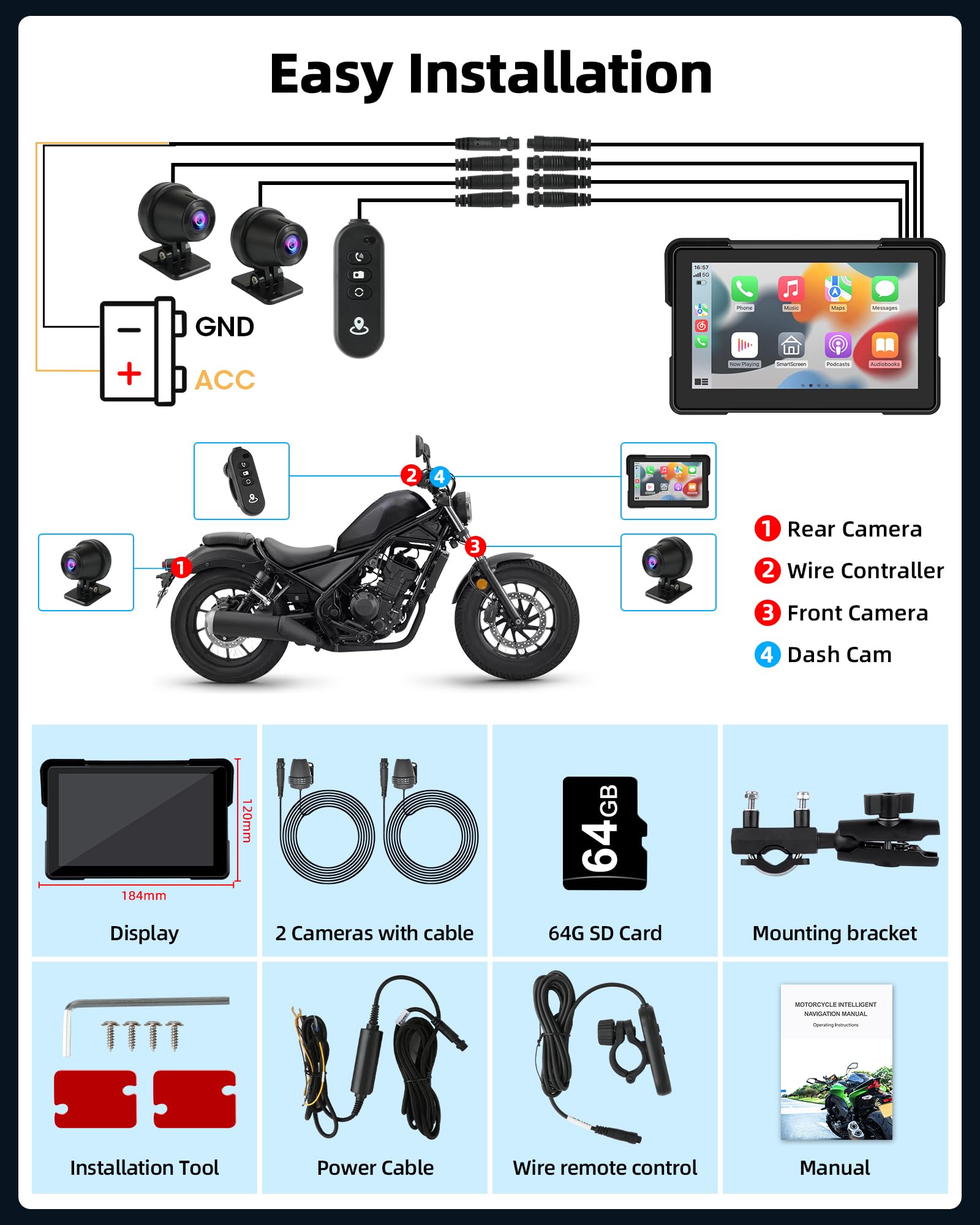 Jansite Moto Carplay Android Auto con cámara de salpicadero 2K delantera trasera, dispositivo de navegación de 7 pulgadas, IP67 resistente al agua, doble pantalla Bluetooth, grabación continua 64 G TF