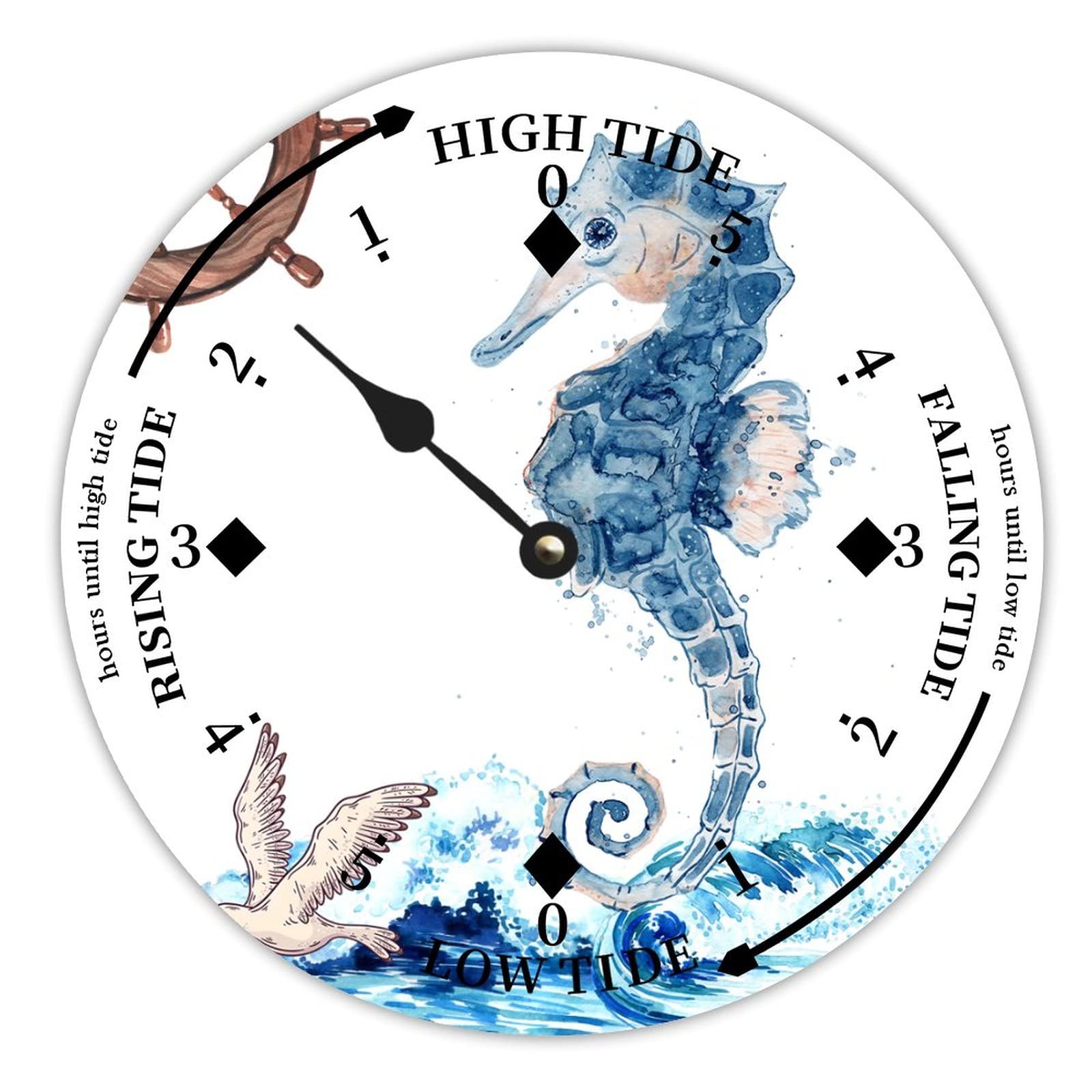 ENEDNATE Ocean Hippocampus Farmhouse Wood Tidal Clock East Coast Ocean Time Nautical Moon Wooden Clock High and Low Tide Clock Decoration for Beach