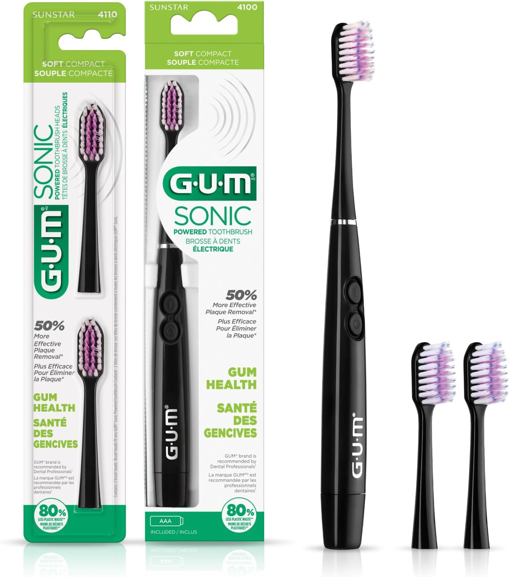 GUM Sonic Battery Power Toothbrush Taper Bristle Set Black 1 Handle + 2 Refills