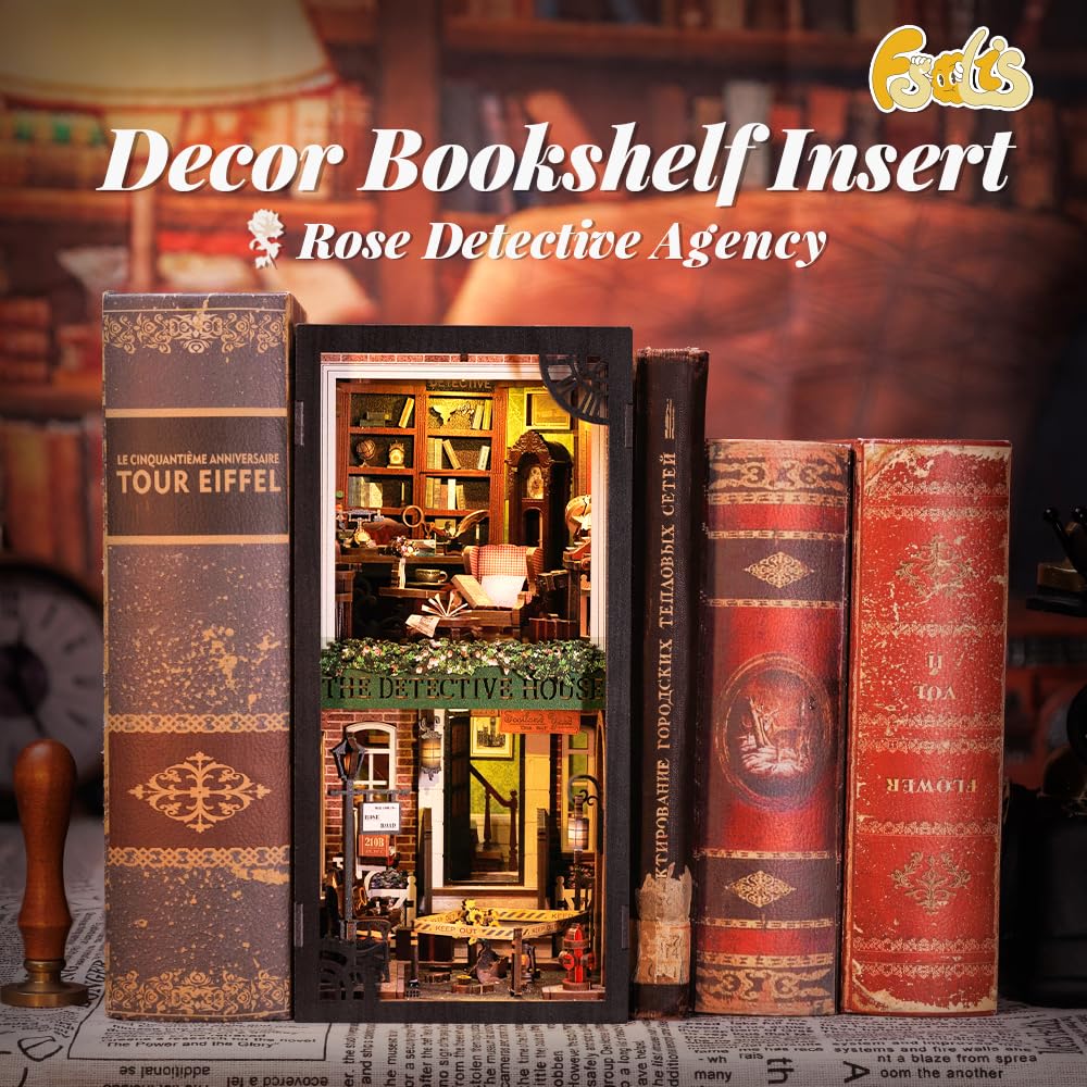 Fsolis DIY Book Nook, Casa delle Bambole con Copertura Antipolvere, Miniatura Diorama Book Nook Kit con Luce LED, 3D Modellazione in Legno(Rose Detective Agency) ﻿