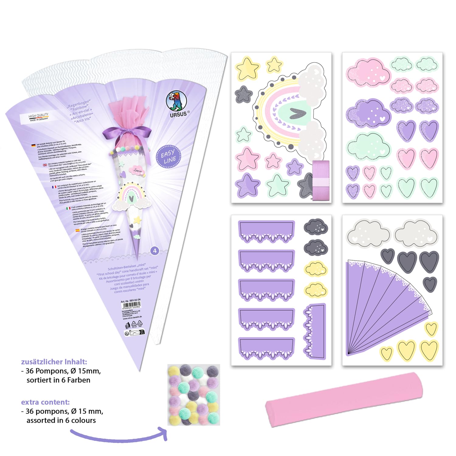 Ursus Easy Line Mini Cono Scuola Arcobaleno Viola 6 Lati Cartone Ondulato 3D pretagliato 41 cm 15 cm