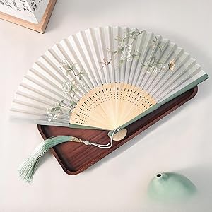 1 abanico de mano plegable chino clásico, abanico de tela de bambú de 21 cm con bordado floral y borla, 38 cm de diámetro para decoración del hogar y regalos