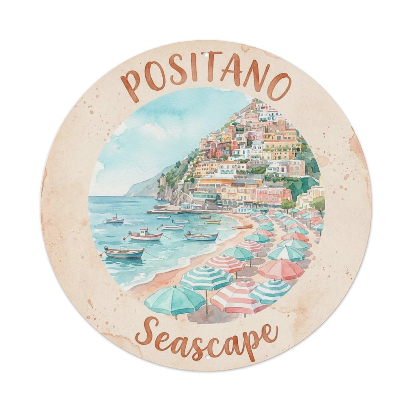 Campania Positano Seaside Crest Antique Italian Coast Metal Tin Sign Plaque Wall Decor for Cafe, Man Cave, Club Bar, Office, Home Garden Round Metal Poster 8x8Inch